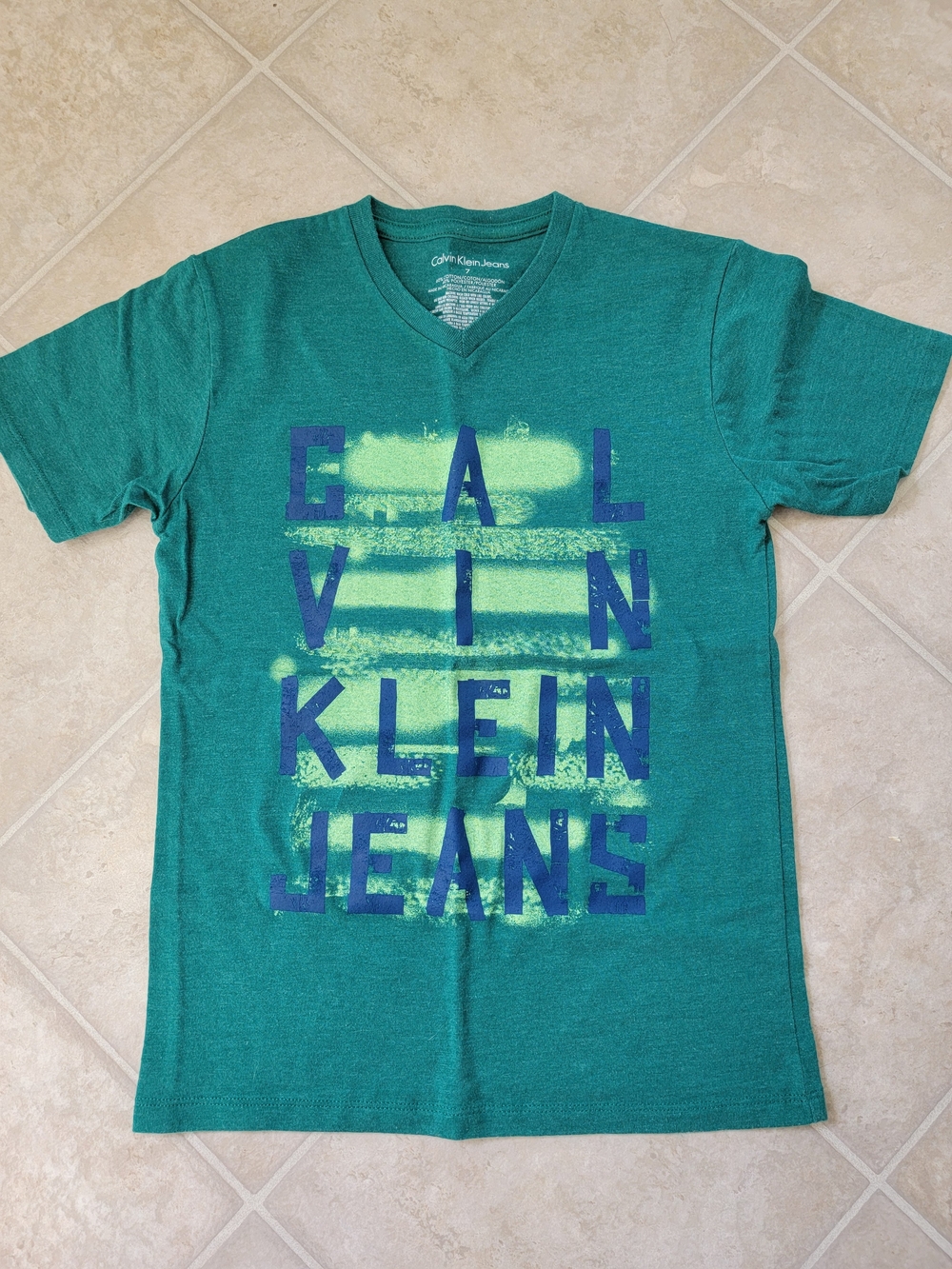 Calvin Klein Jeans V-Neck Tee with Neon Yellow and Navy Graphic